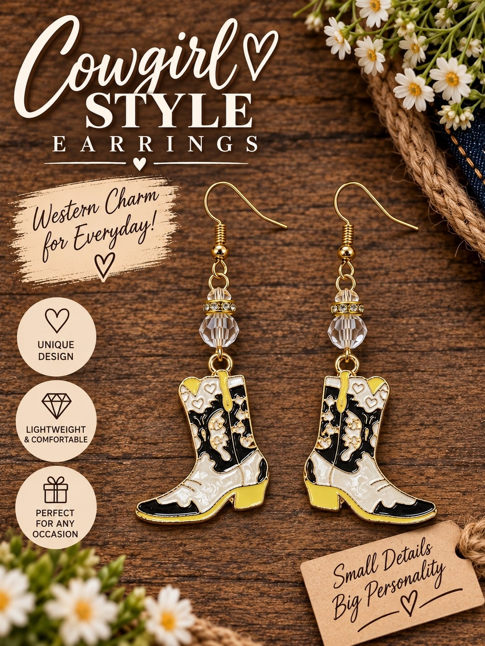 A94. Nicole Western Cowgirl Boot Dangle Earrings Black & White NWT